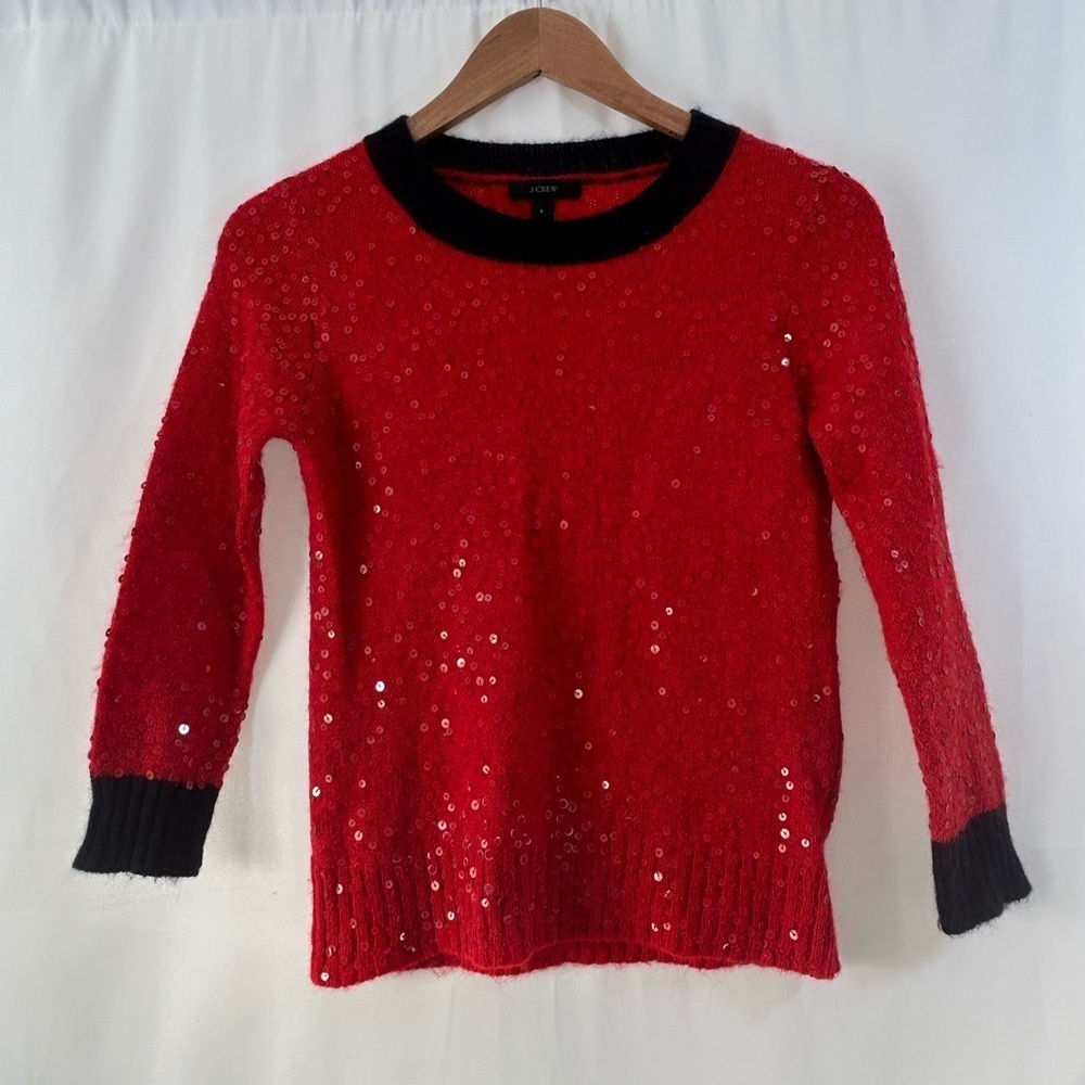 J.Crew Womenโs Crew Neck Sweater Red Sequins and Blue Trim 3/4 Sleeves Small